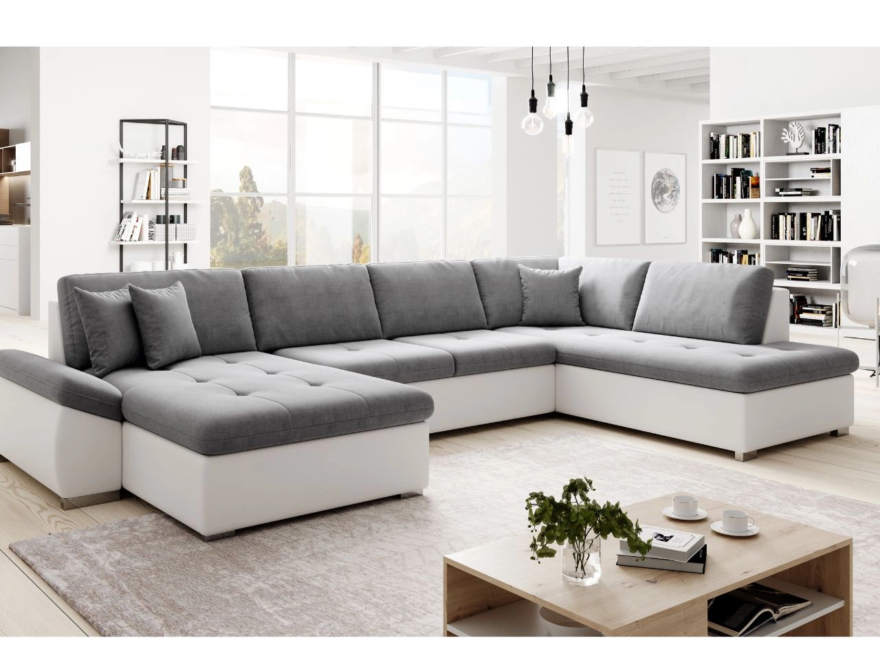 Wohnlandschaft mit Schlaffunktion Rechts Moni U Grau, Weiß