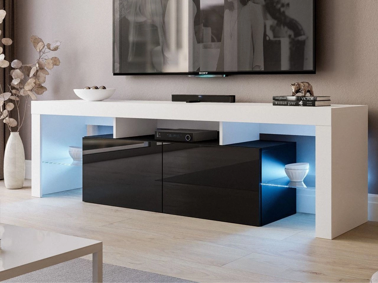 TV-Lowboard mit Türen und Aufsatz 150 cm Nodoo Weiß Hochglanz