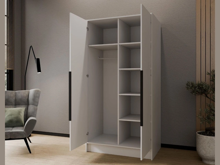 Kleiderschrank mit Spiegel 100 cm Lucca Weiß mit schwarzen Griffen