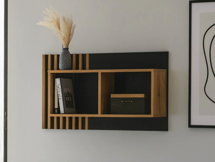 Wandregal 90 cm mit Latten für das Wohnzimmer Lavore Wotan Eiche, Schwarz matt