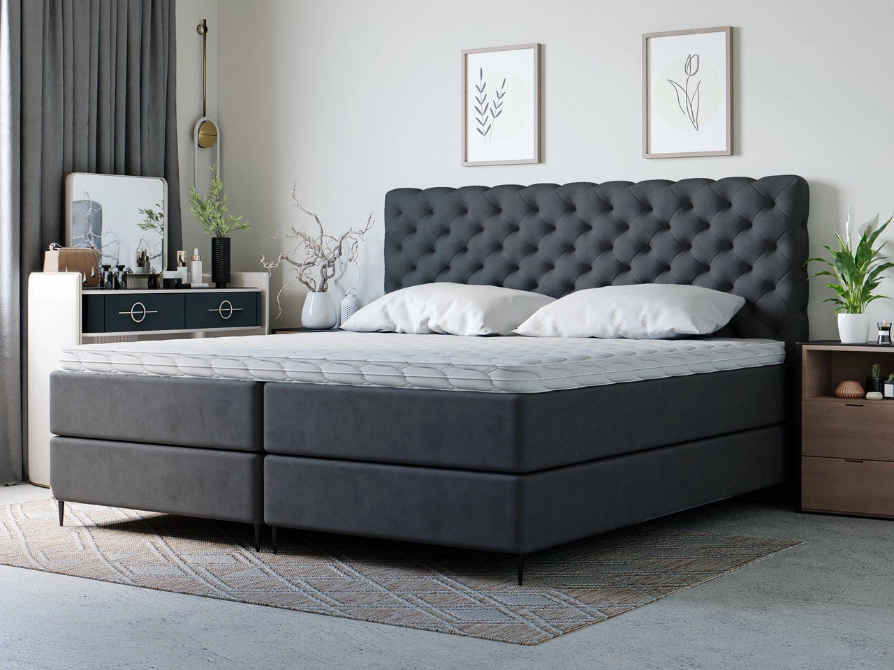 Boxspringbett mit Chesterfield Kopfstütze 160x200 Bergamo - Schwarz