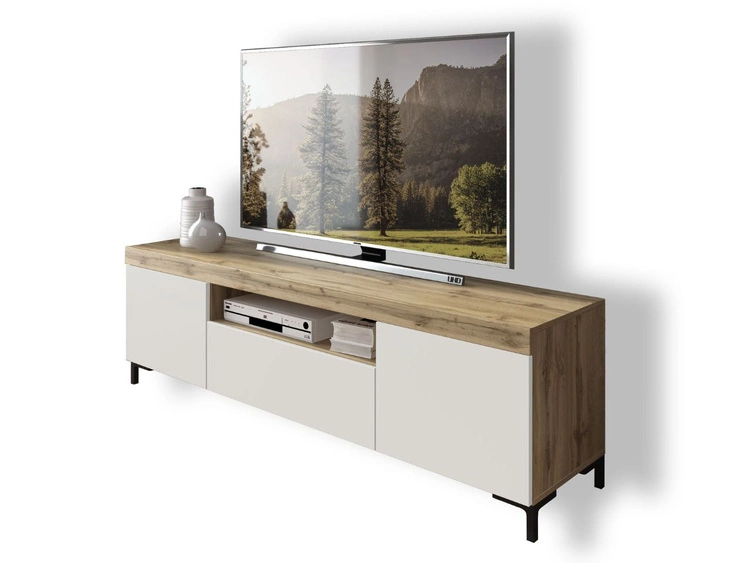 TV-Lowboard Asumi mit Türen und Schublade – Weiß matt und Eiche Wotan