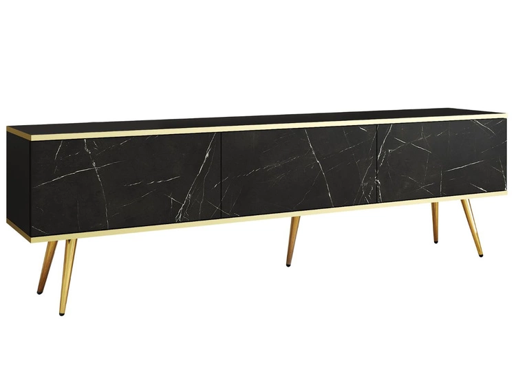 TV-Lowboard mit Türen 175 cm Diolo Schwarzer Marmor mit glatter Front auf goldenen Beinen