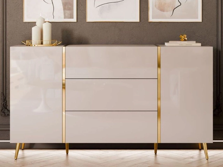 Zweitürige Kommode 158 cm mit drei Schubladen und Metallbeinen Lunelie Kaschmirglanz