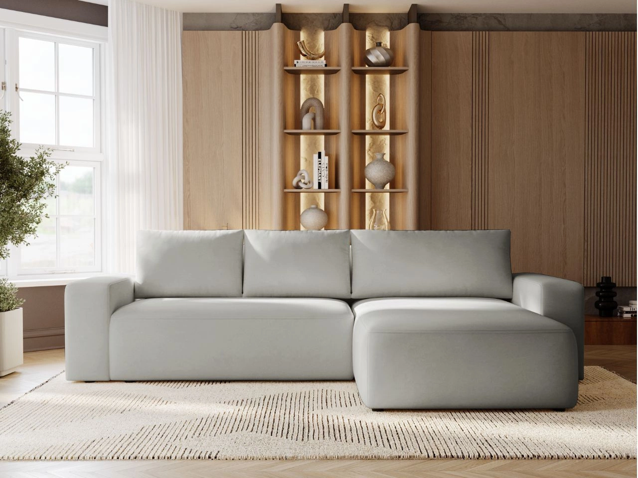 Ecksofa L-Form Rechts mit Schlaffunktion und Bettkasten Tazones Hellgrau