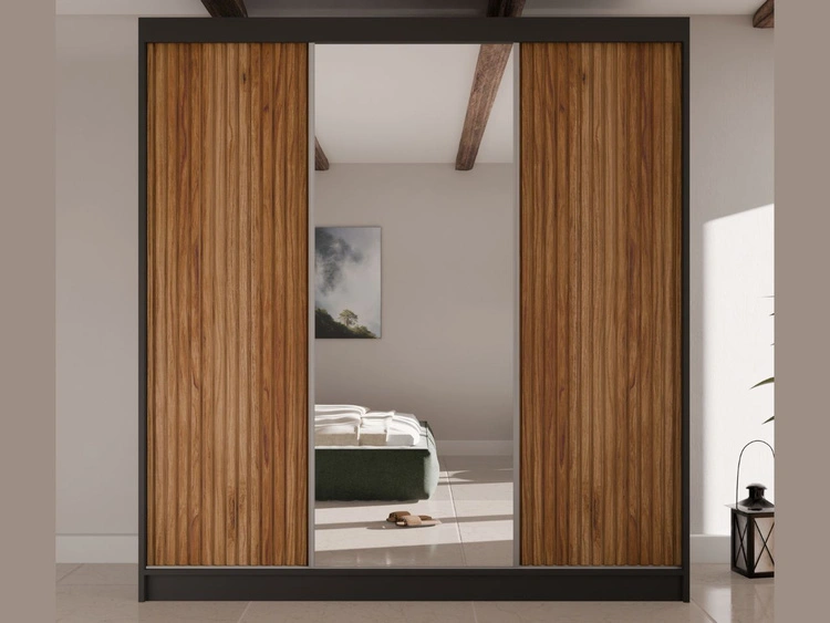 Schiebetürenschrank mit geriffelter Front und Spiegel 200 cm Rivas Schwarz, Catania