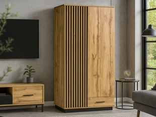 Kleiderschrank 90 cm mit Lamellen und Flügeltüren für das Wohnzimmer Lavore Wotan Eiche, Schwarz matt