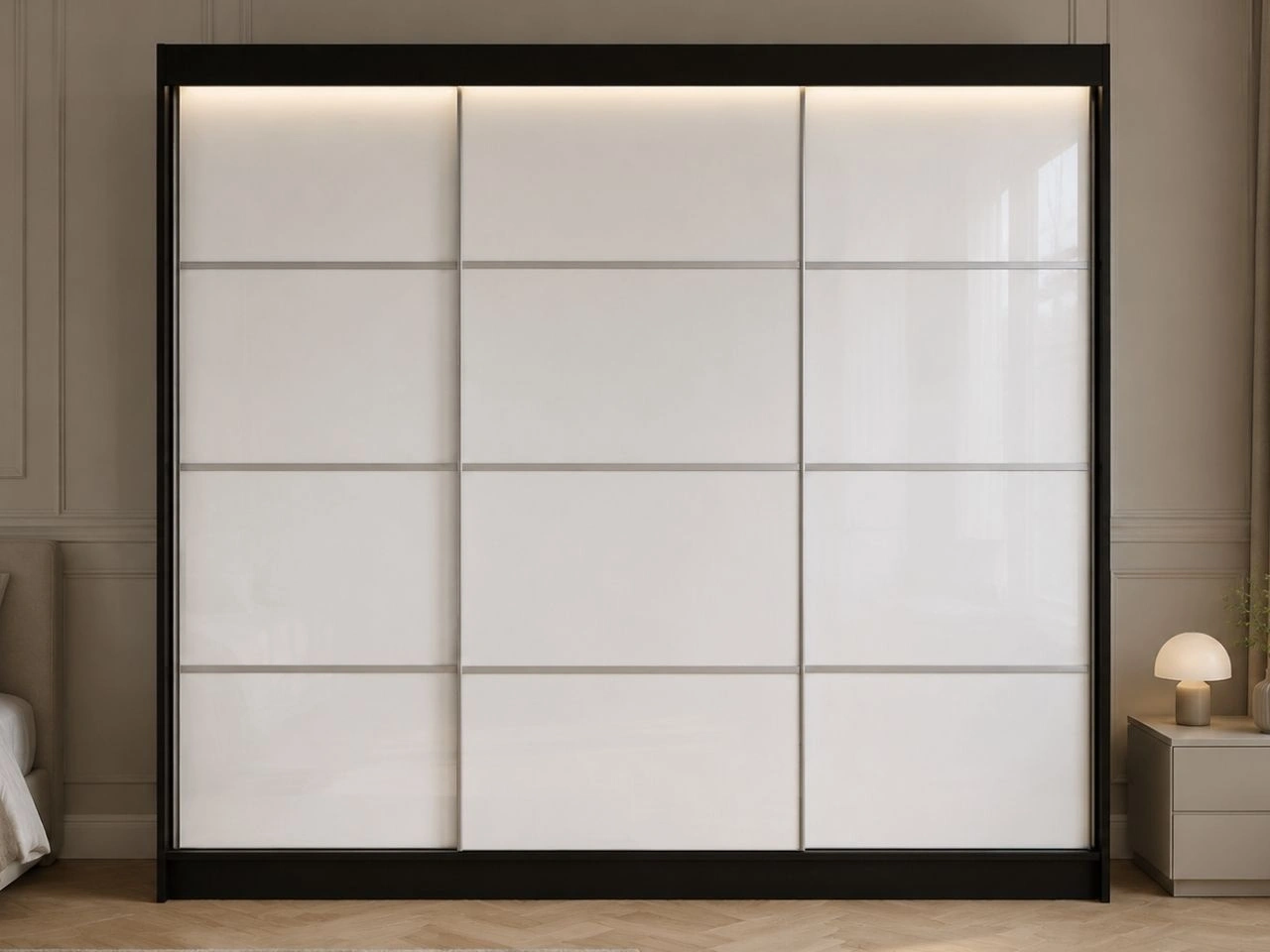 Schiebetürenschrank mit Sprossen 250 cm mit LED-Beleuchtung Ponti Schwarz, Weiß