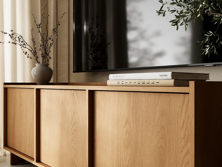 Dreitüriges TV-Lowboard 147 cm für Wohnzimmer Azumi Karamell Eiche