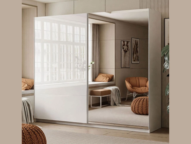 Schwebetürenschrank Zweitüriger mit Spiegel 244 cm Nuveo Weiß Hochglanz