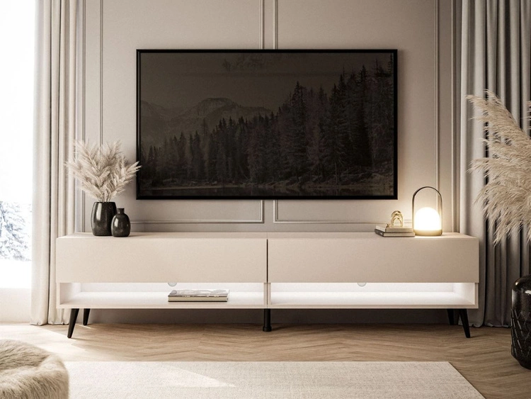 TV-Schrank für das Wohnzimmer 180 cm mit schwarzen Metallbeinen und LED-Beleuchtung Aurelie Kaschmir matt