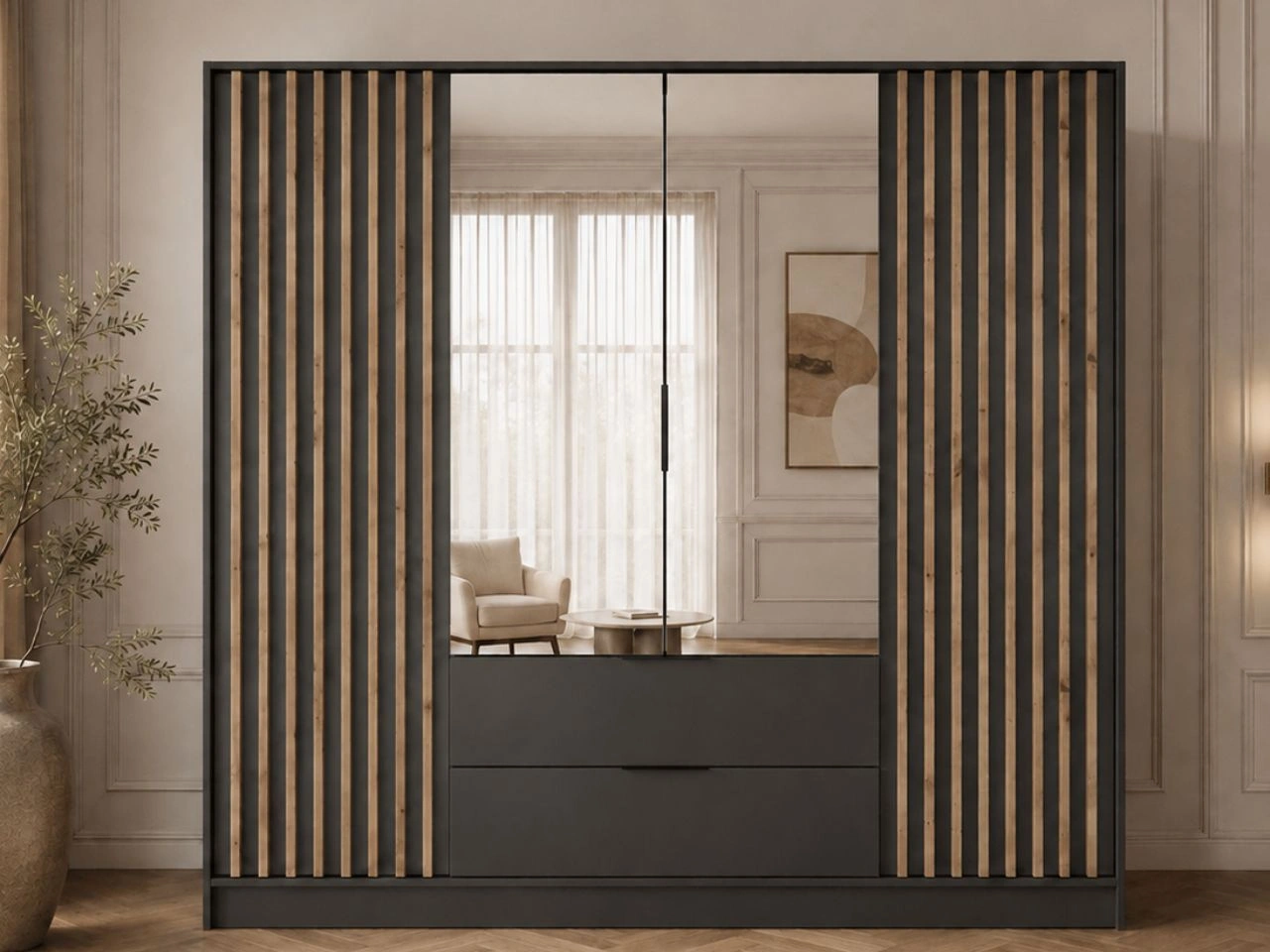 Kleiderschrank mit Spiegel 206 cm Macron Graphit, Artisan Eiche