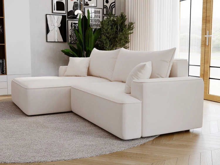 Ecksofa L-Form Links mit Schlaffunktion und Bettkasten California Creme