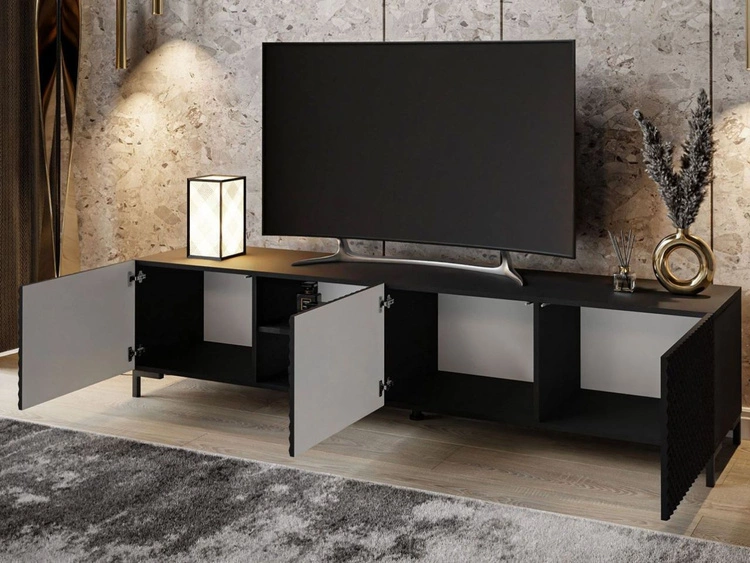 TV-Schrank mit schwarzen Kunststoffbeinen und 3D-gefrästen Fronten Celiane Schwarz Glanz