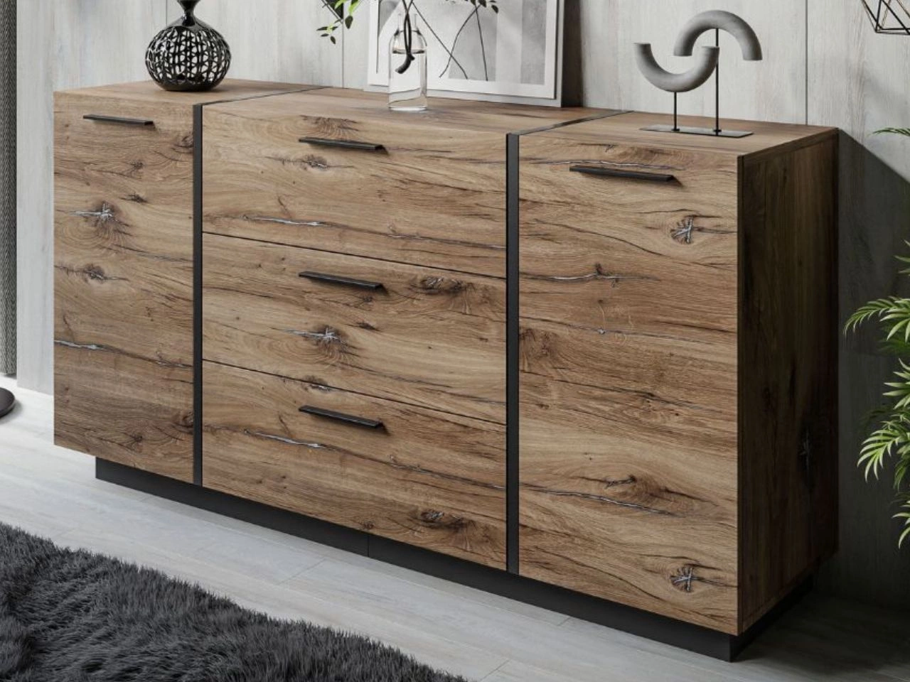 Zweitürige Kommode 158 cm mit drei Schubladen Lunelie Flagstaff-Eiche