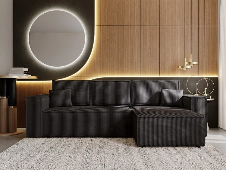 Ecksofa L-Form mit Schlaffunktion und Bettkasten Prato XL Schwarz Rechts