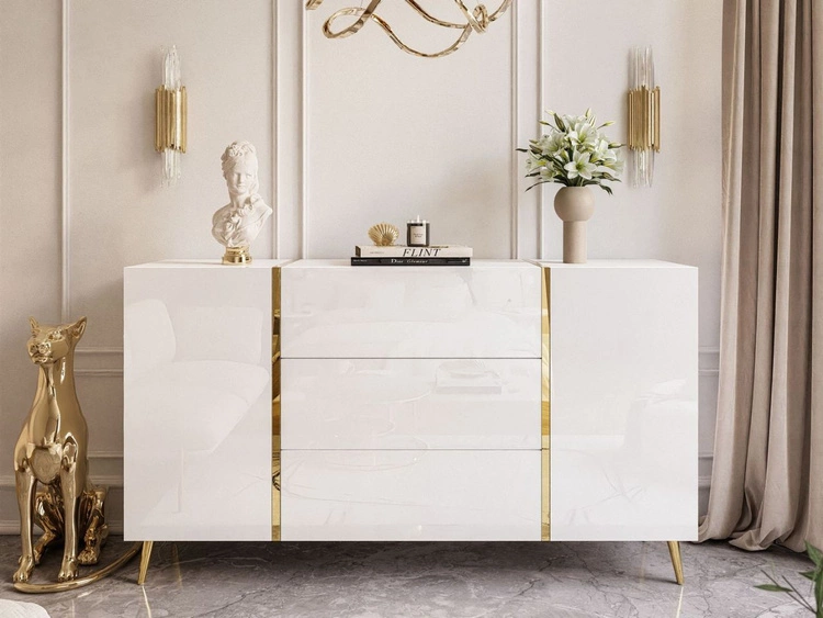 Wohnzimmer-Set mit goldenen Metallbeinen im Glamour-Stil Lunelie Weiß Hochglanz