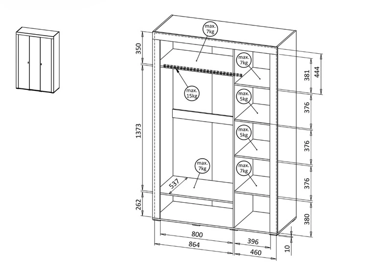 Kleiderschrank mit Drehtüren, Kleiderstange und Spiegel Messina Weiß