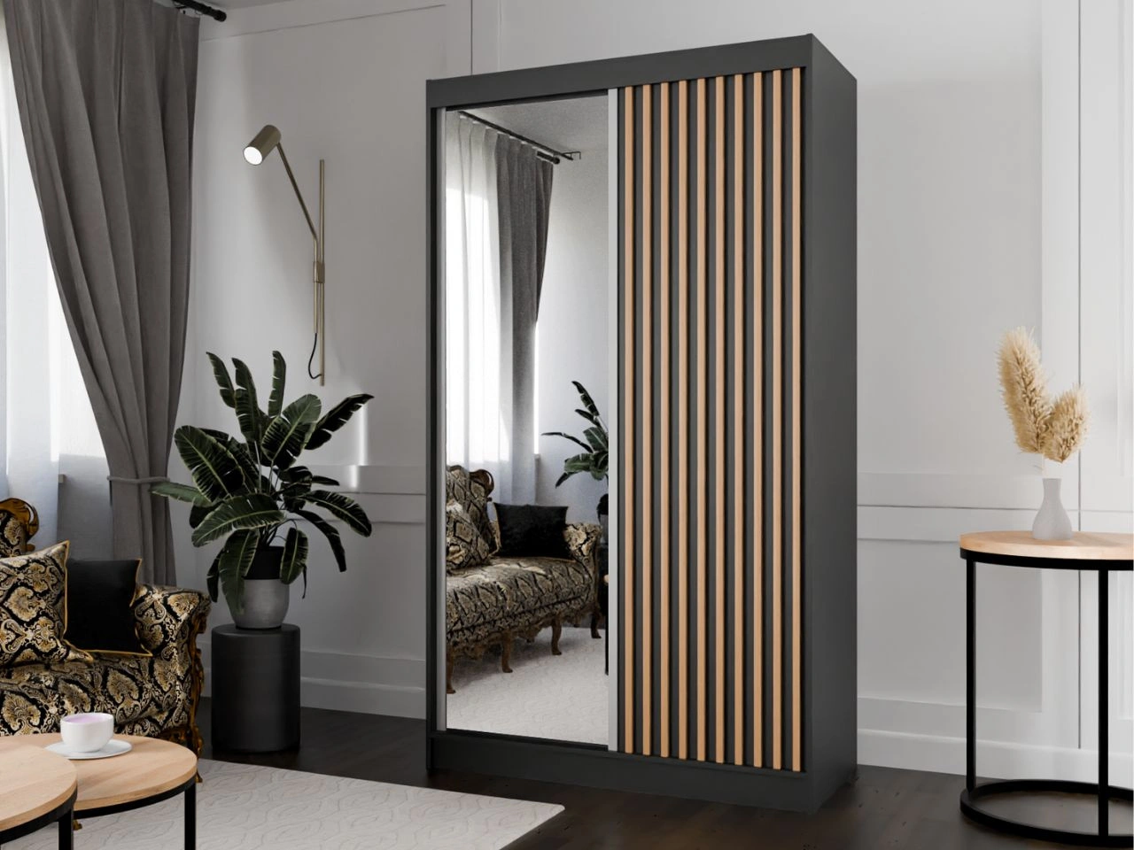 Schiebetürenschrank mit Spiegel und Lamellen 120 cm Loreto Schwarz