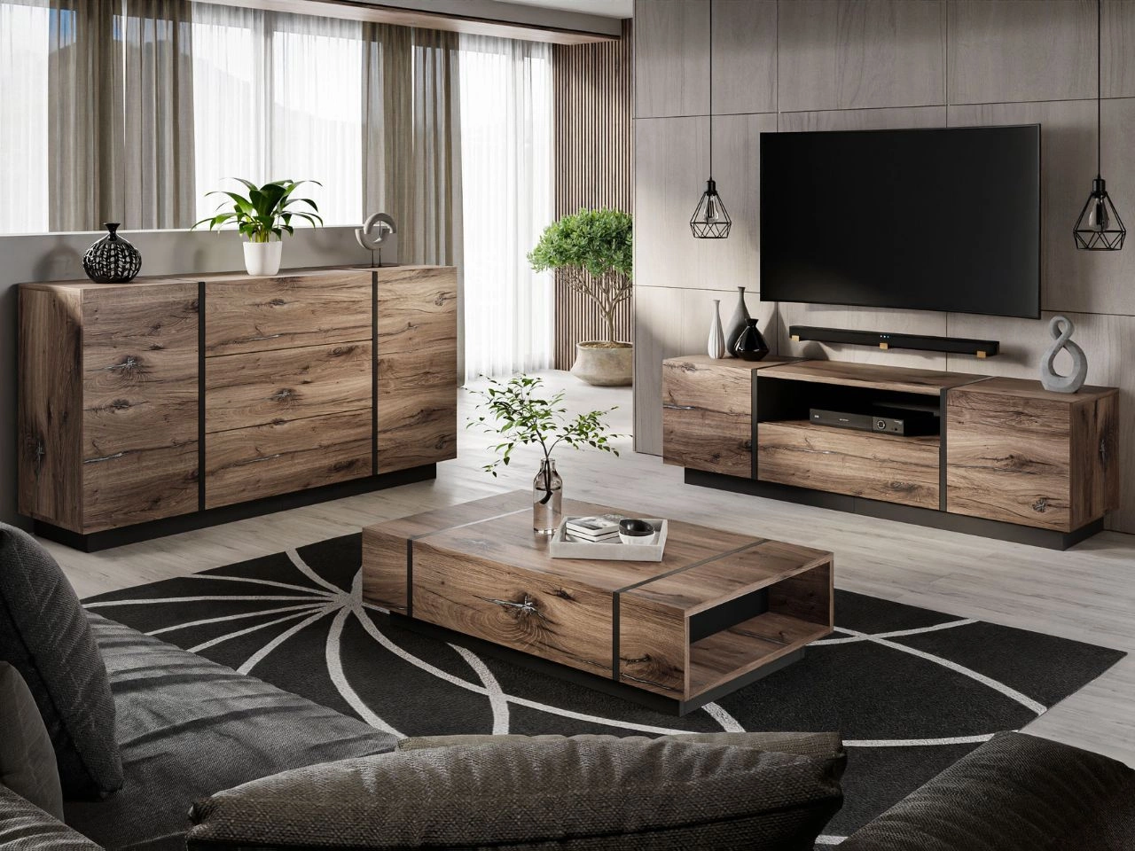 Wohnzimmer-Set im Loft-Stil Lunelie Eiche Flagstaff