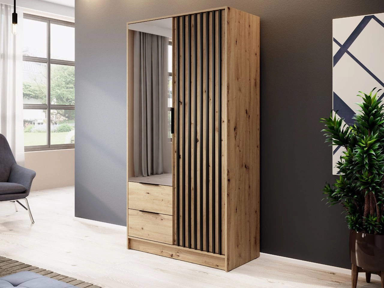 Kleiderschrank mit Spiegel 105 cm Macron Artisan Eiche, Schwarz
