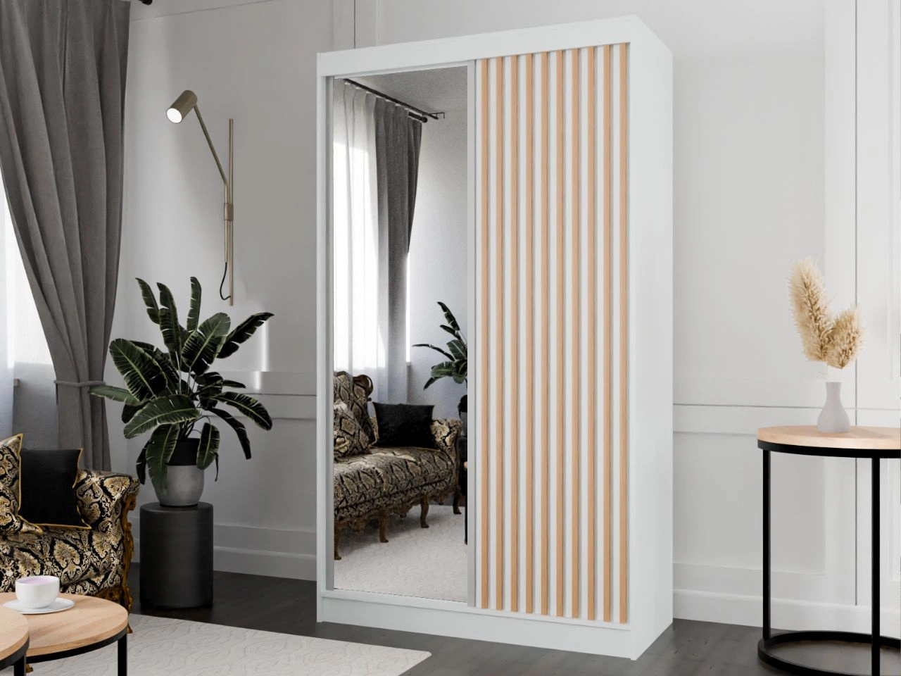 Schiebetürenschrank mit Spiegel und Lamellen 120 cm Loreto Weiß