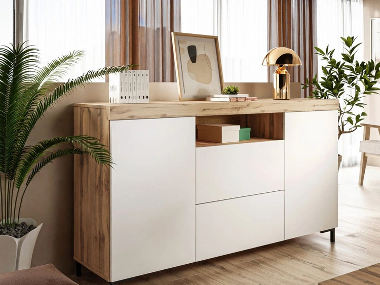 Zweittürige Kommode 164 cm im Loft-Stil Asumi Weiß matt und Eiche Wotan