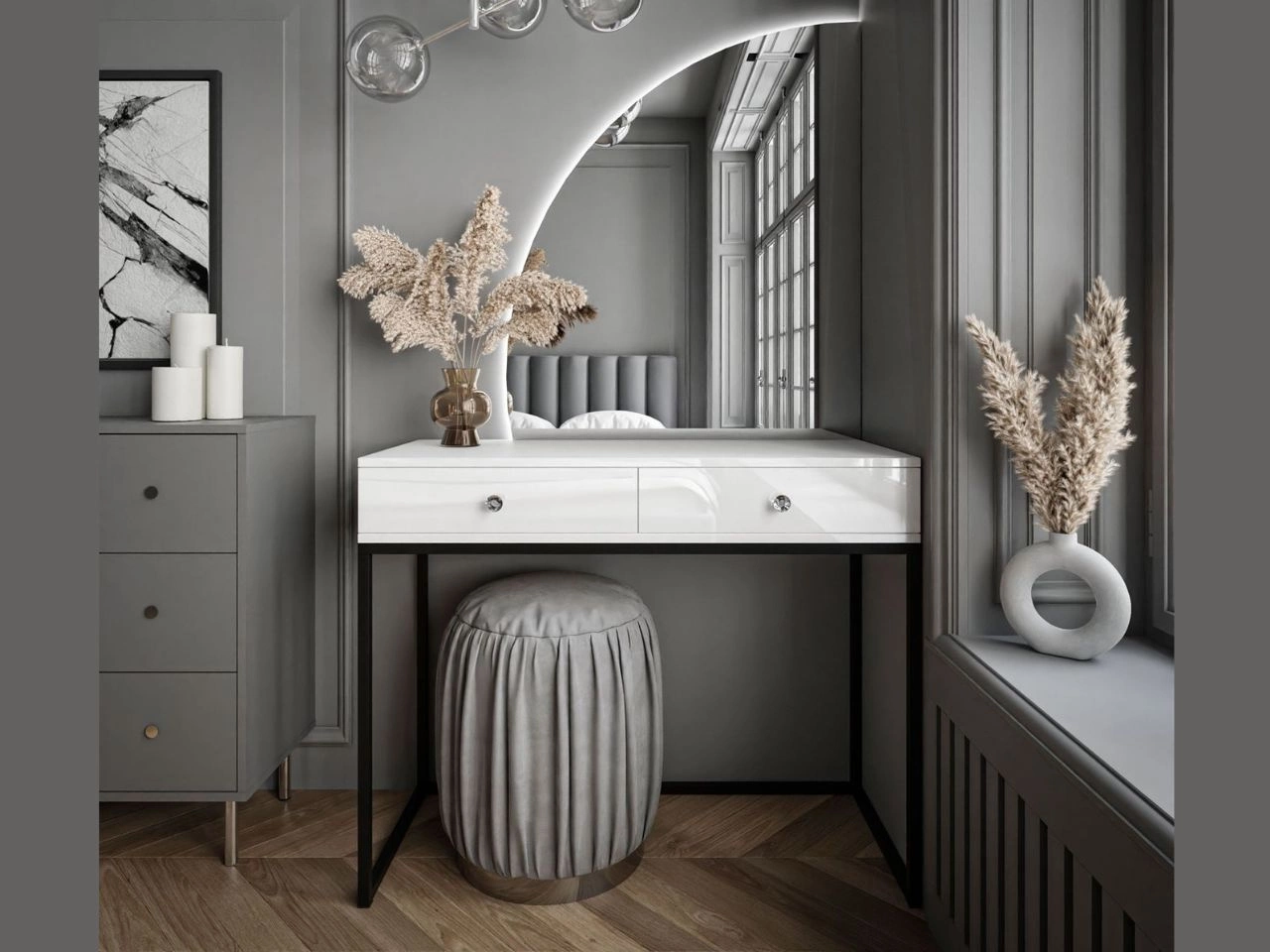 Kosmetiktisch  linksseitig mit Schubladen und LED-Beleuchtung auf schwarzen Beinen Clarette Weiß Hochglanz