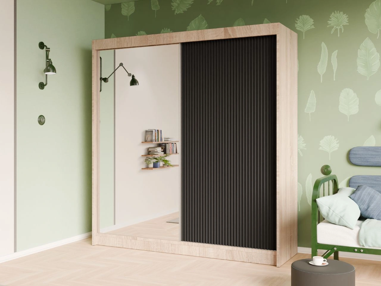 Schiebetürenschrank mit geriffelter Front und Spiegel 200 cm Fano Eiche Sonoma, Schwarz