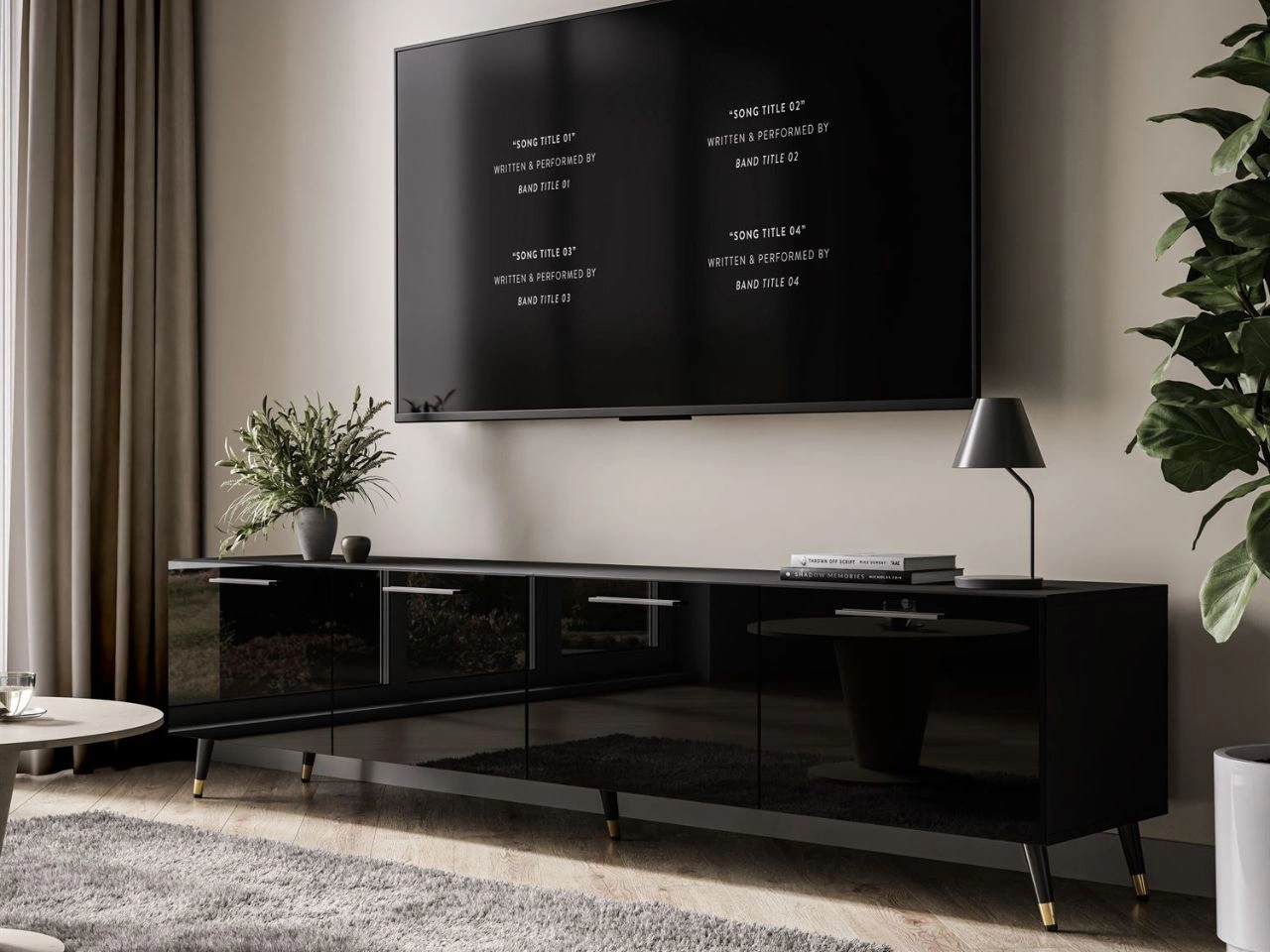 TV-Lowboard mit Türen auf Schwarz-Goldenen Metallbeinen 200 cm Noaé Schwarz Hochglanz