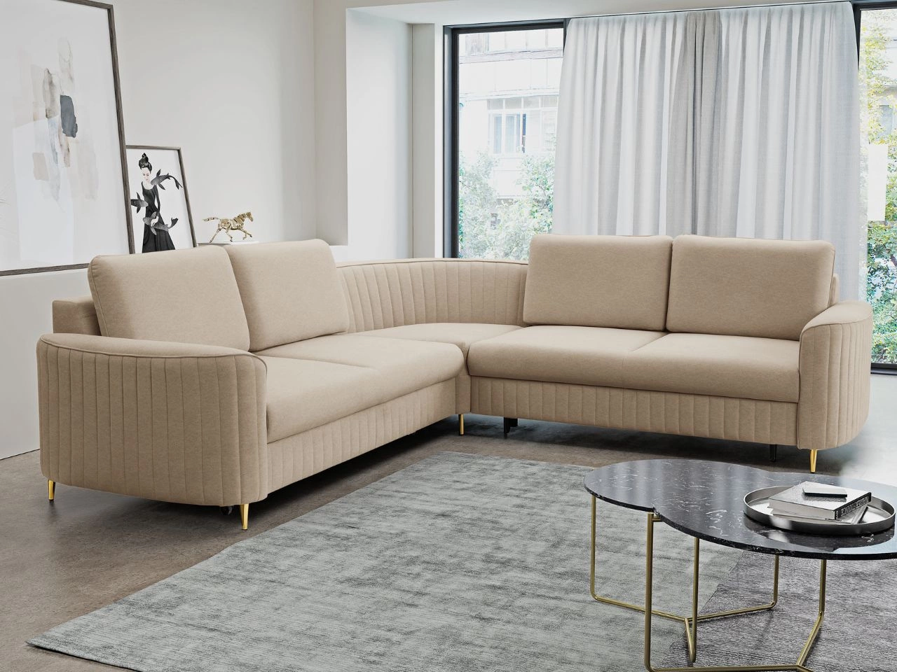 Ecksofa L-Form Links mit Schlaffunktion und Bettkasten Limon Dunkelbeige