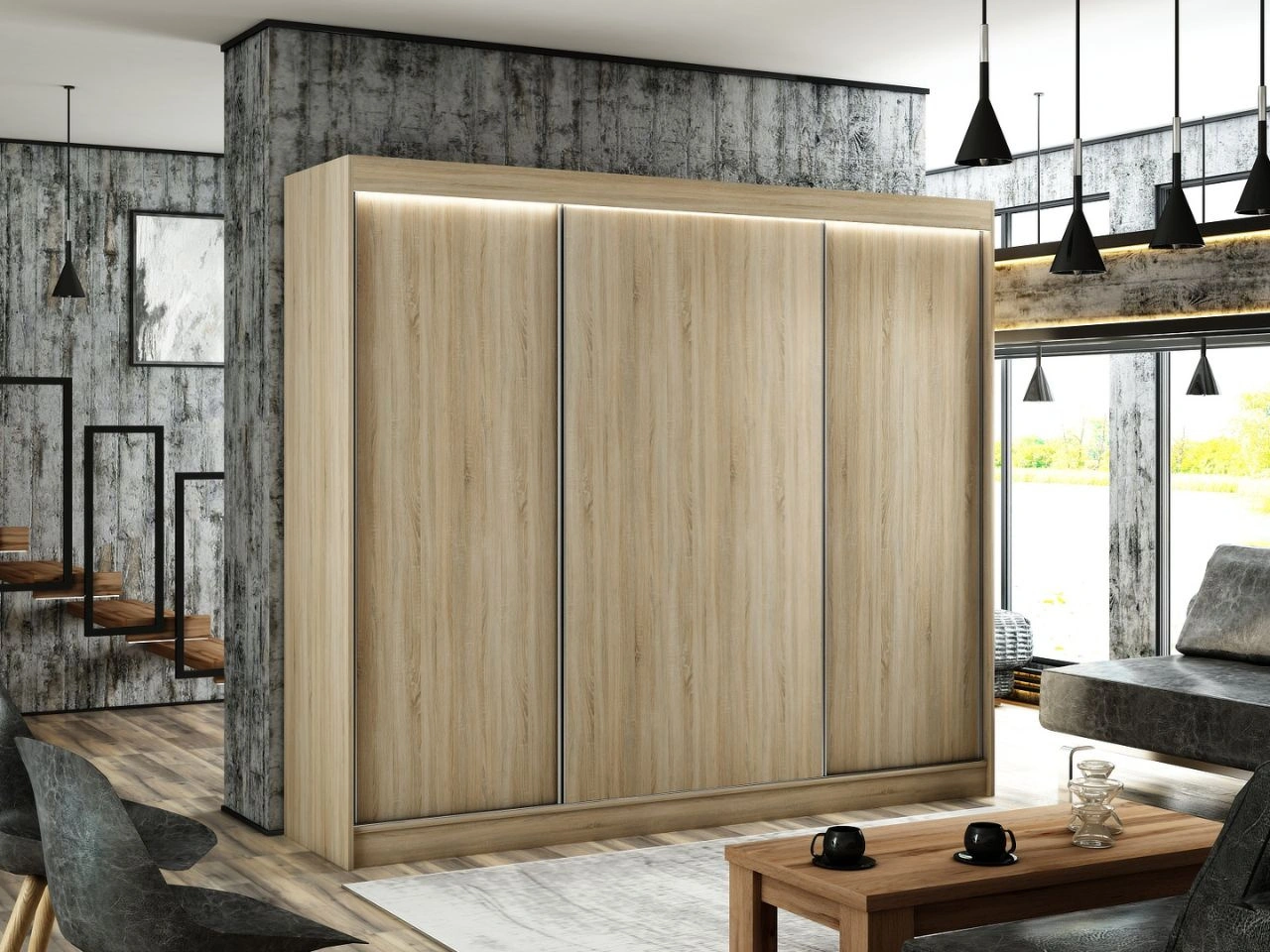 Schiebetürenschrank 250 cm mit LED-Beleuchtung Diano Eiche Sonoma