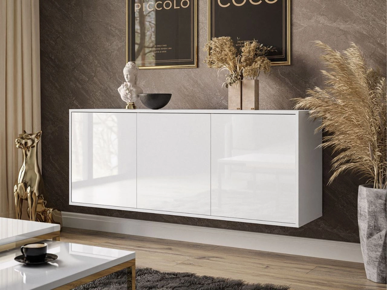 Dreitürige Wandkommode 154 cm im Glamour-Stil – Vivance, Weiß Hochglanz