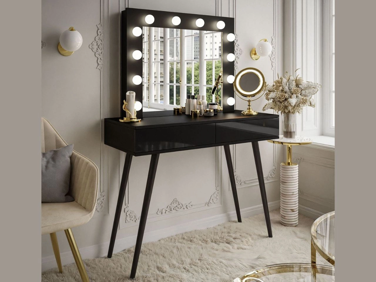 Schminktisch glamour mit Schubladen, Spiegel und LED-Beleuchtung Olivine Schwarz Hochglanz