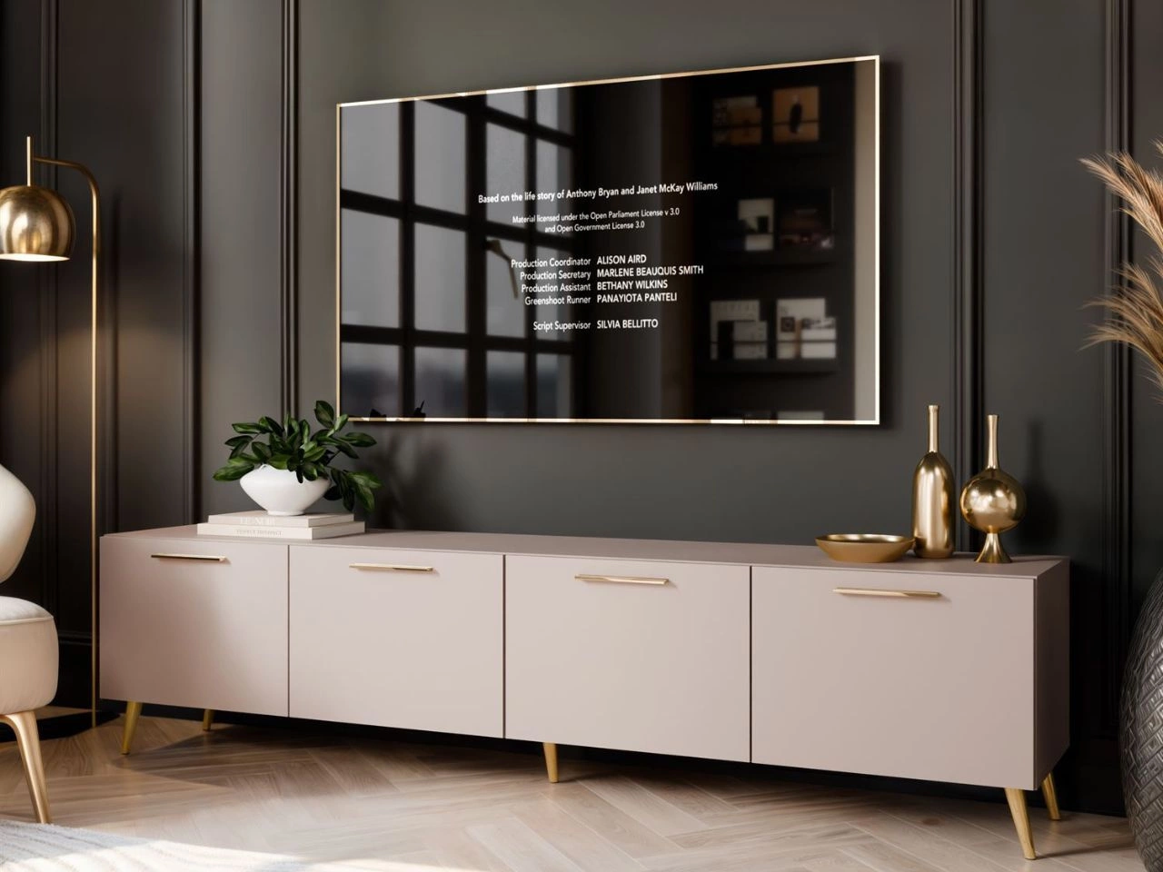 TV-Lowboard mit Türen auf Goldenen Metallbeinen 200 cm Noaé Kaschmir