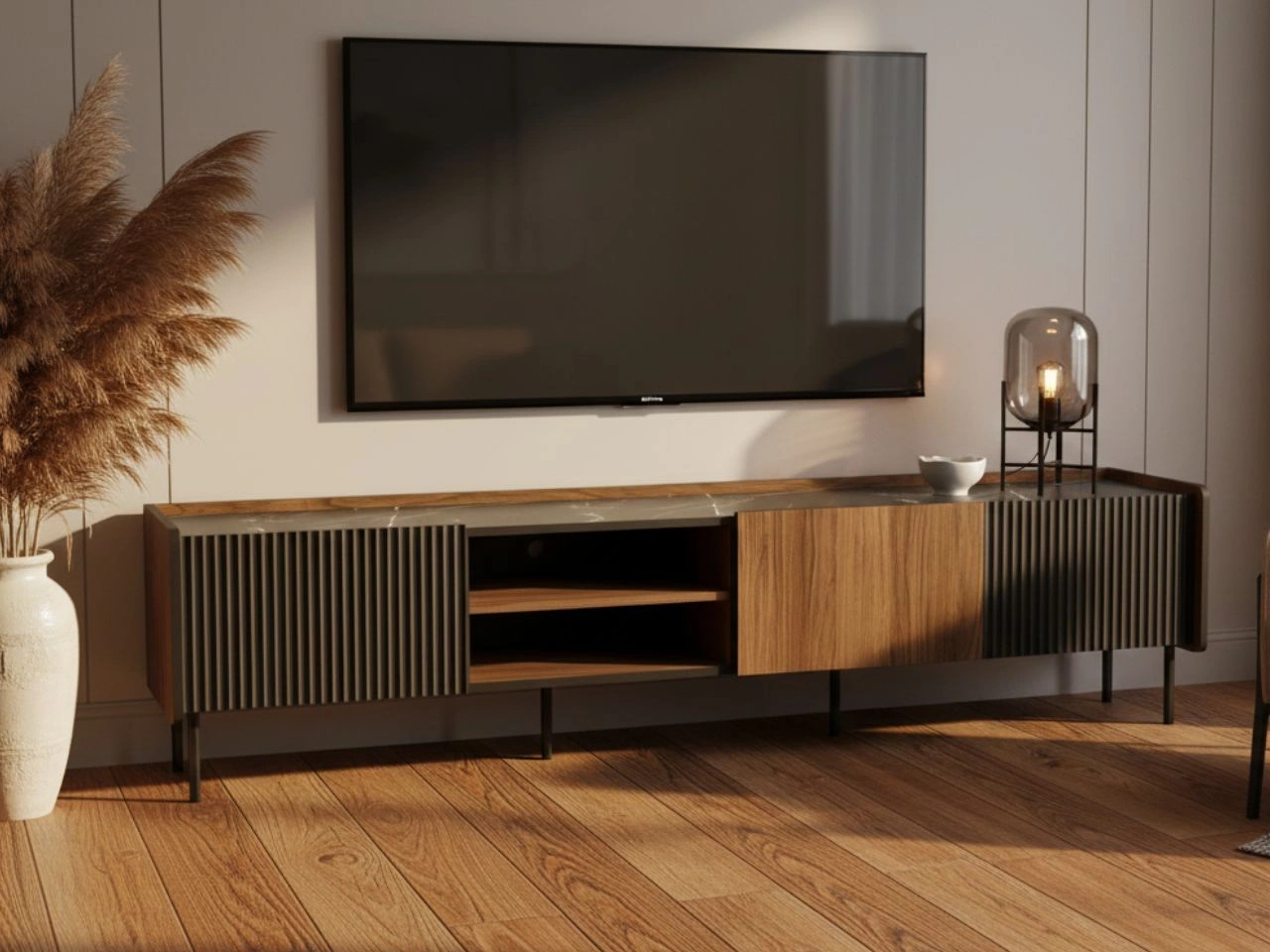 TV-Lowboard mit Türen 200 cm Pascale Nussbaum Warmia, Schwarz