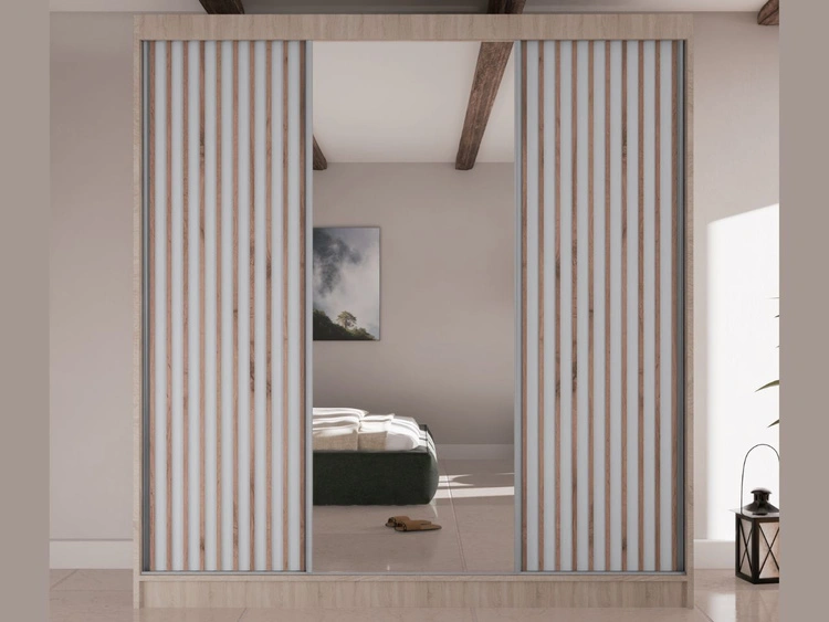 Schiebetürenschrank mit Lamellen und Spiegel 200 cm Lucena Eiche Sonoma, Weiß