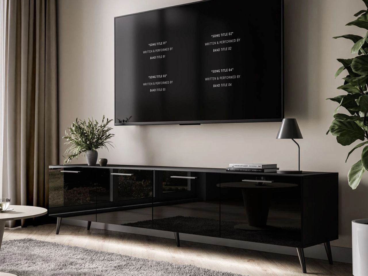 TV-Lowboard mit Türen und LED-Beleuchtung auf Schwarzen Metallbeinen 200 cm Noaé Schwarz Hochglanz