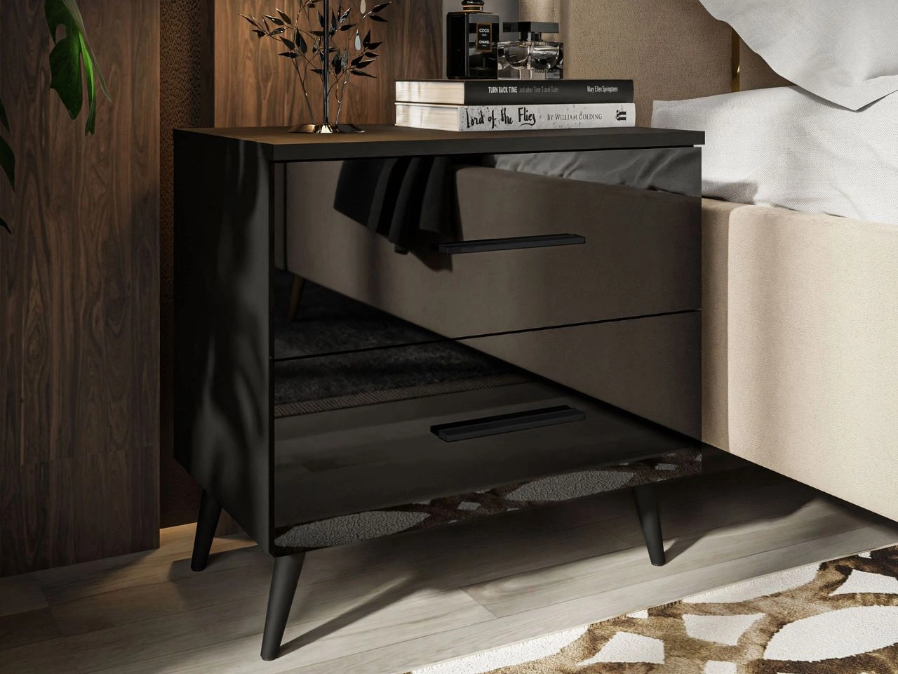 Nachttisch mit Schubladen auf Schwarzen Metallbeinen Nuveo Schwarz Hochglanz