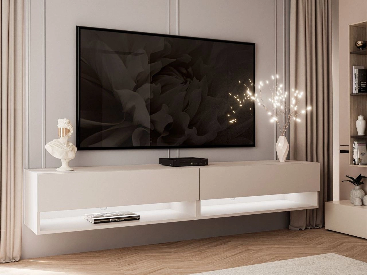 Hänge TV-Schrank 180 cm für Wohnzimmer mit LED-Beleuchtung Aurelie Kaschmir matt