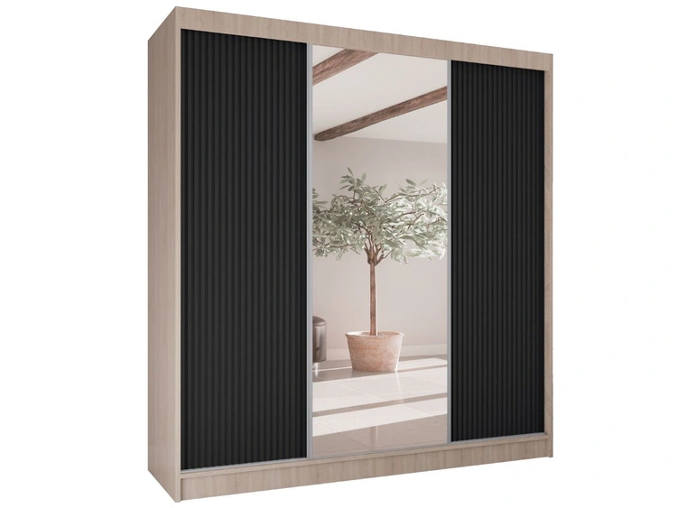 Schiebetürenschrank mit geriffelter Front und Spiegel 200 cm Rivas Eiche Sonoma, Schwarz