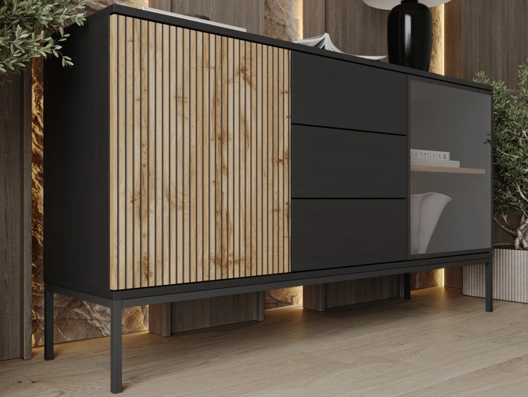 Kommode mit Türen und Schubladen Deo Schwarz, Eiche Wotan