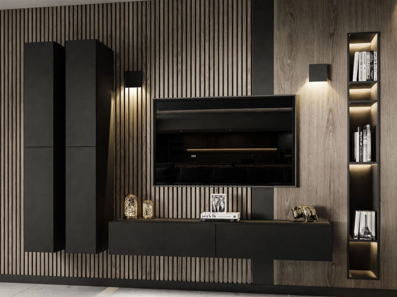 Hängende Wohnwand mit LED-Beleuchtung für das Wohnzimmer Sorelle Schwarz Matt