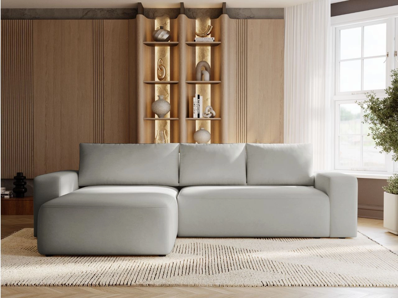 Ecksofa L-Form Links mit Schlaffunktion und Bettkasten Tazones Hellgrau