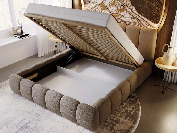 Polsterbett mit Bettkasten und Lattenrost 120x200 Cloud Bouclé-Stoff Braun