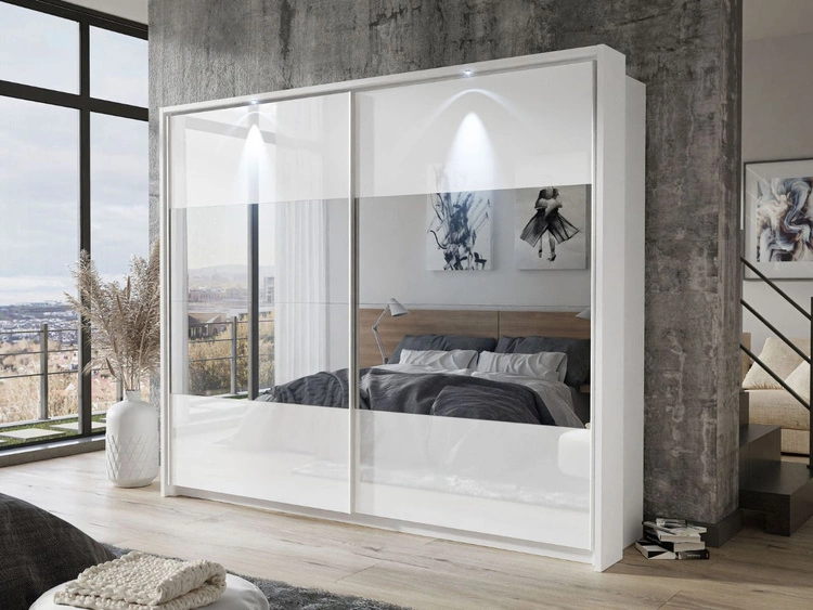 Schwebetürenschrank Zweitüriger mit Aufsatz und Spiegel 254 cm Nuveo Weiß Hochglanz