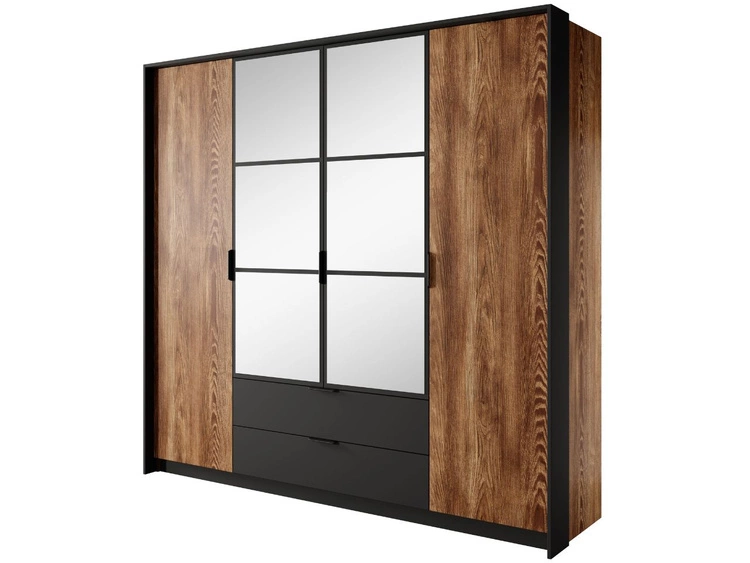 Kleiderschrank mit Spiegel und Schubladen Montreal Kastanie, Schwarz