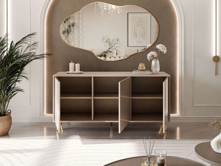 Dreitürige Kommode 154 cm Glamour-Stil auf goldfarbenen Metallbeinen Vivance Kaschmirglanz