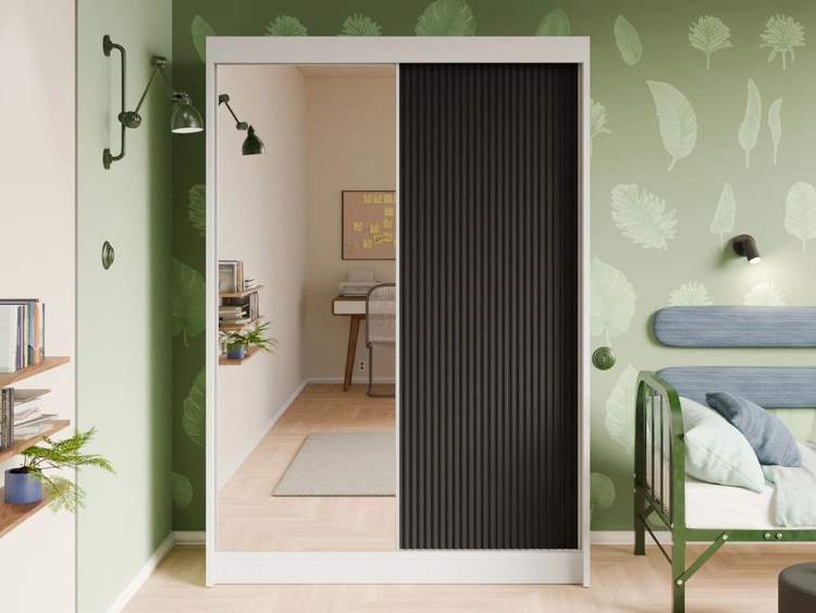 Schiebetürenschrank mit geriffelter Front und Spiegel 150 cm Fano Weiß, Czarny