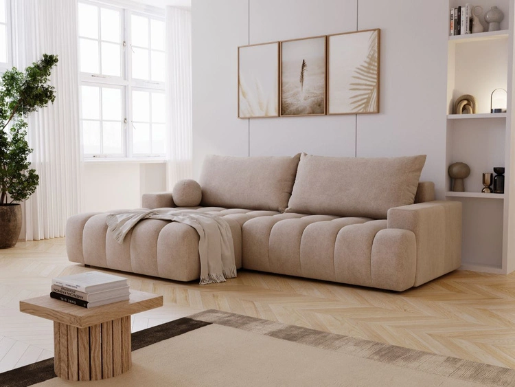 Ecksofa L-Form mit Schlaffunktion und Bettkasten Havi Links Beige